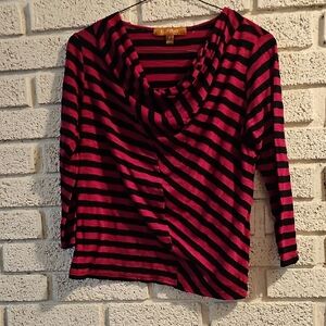 Ellen Tracy Black and Fuchsia Striped Cowl Neck Top